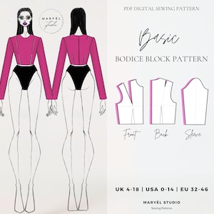 Puede incluir: Un patrón de costura digital para un bloque de corpiño básico. El patrón incluye instrucciones para las piezas delantera, trasera y de la manga. El patrón está disponible en las tallas UK 4-18, USA 0-14 y EU 32-46.