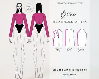 Basic Bodice Block Sewing Pattern: UK 4-18, US 0-14 (PDF Digital Pattern)