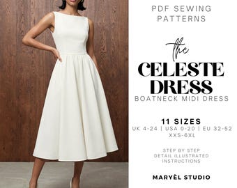 Boat Neck Midi Prom Dress Sewing Pattern| Evening, Cocktail Dress| Pdf Instant Download| US 0-20