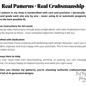 May include: Text graphic with the words "Real Patterns &bull; Real Craftsmanship." The text describes handcrafted patterns, clear instructions, dedication, and customer support. The image includes a signature that reads "Best Regards, Maryloo."
