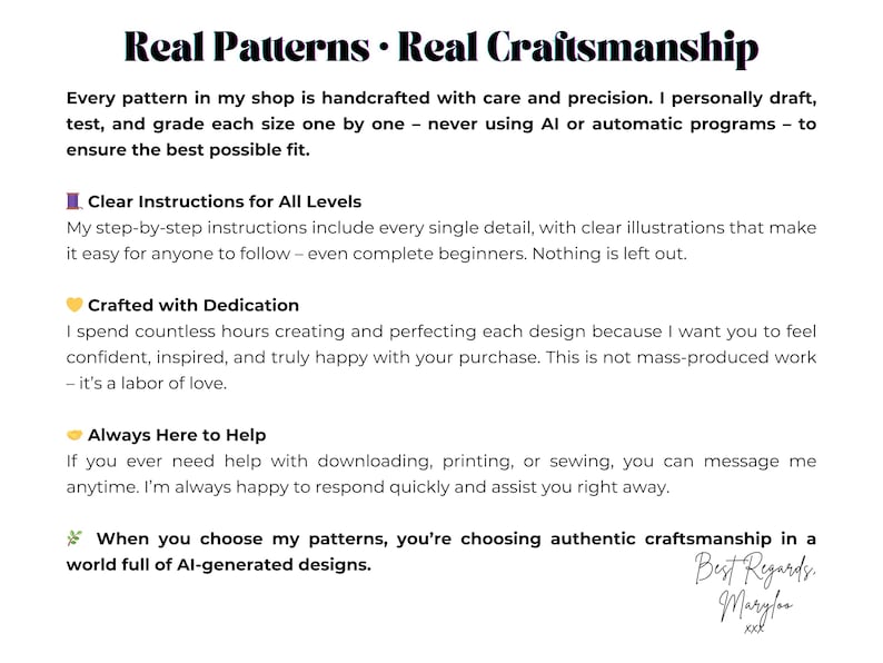 May include: Text graphic with the words "Real Patterns &bull; Real Craftsmanship." The text describes handcrafted patterns, clear instructions, dedication, and customer support. The image includes a signature that reads "Best Regards, Maryloo."