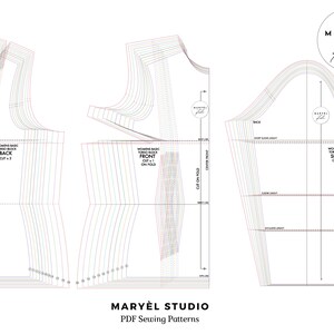 May include: A sewing pattern for a basic women's top with a long sleeve. The pattern includes instructions for cutting the front, back, and sleeve pieces. The pattern is labeled "Maryel Studio" and includes the text "Women's Basic Torso Block" and "Cut x 2".