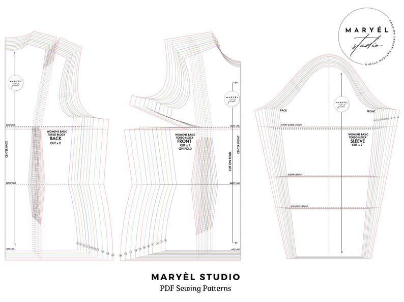 May include: A sewing pattern for a basic women's top with a long sleeve. The pattern includes instructions for cutting the front, back, and sleeve pieces. The pattern is labeled "Maryel Studio" and includes the text "Women's Basic Torso Block" and "Cut x 2".