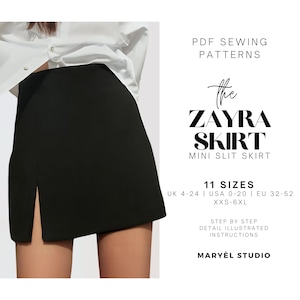 Puede incluir: Una minifalda negra con abertura frontal, parte de un patrón de costura PDF. El texto de la imagen dice "The Zayra Skirt" y "Maryèl Studio". El patrón incluye 11 tallas, de UK 4-24 a USA 0-20 y EU 32-52.