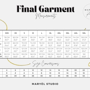 May include: A size chart with measurements for bust, waist, hips, and dress length in centimeters and inches. The chart includes size conversions for UK, USA, and EU sizes. The brand name "MARY&Egrave;L STUDIO" is at the bottom.