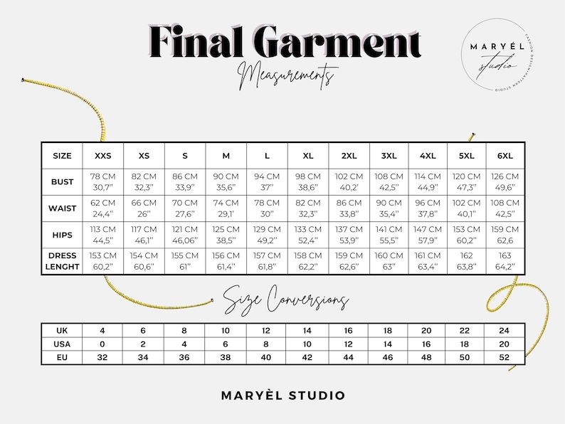 May include: A size chart with measurements for bust, waist, hips, and dress length in centimeters and inches. The chart includes size conversions for UK, USA, and EU sizes. The brand name "MARY&Egrave;L STUDIO" is at the bottom.