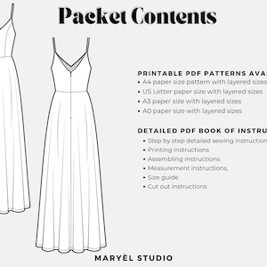 May include: Line drawing of a long, flowing dress with spaghetti straps, shown from the front and back. Text reads "Packet Contents" and lists PDF pattern sizes and detailed sewing instructions. The brand name "MARY&Egrave;L STUDIO" is at the bottom.