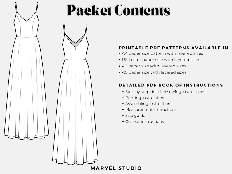 May include: Line drawing of a long, flowing dress with spaghetti straps, shown from the front and back. Text reads "Packet Contents" and lists PDF pattern sizes and detailed sewing instructions. The brand name "MARY&Egrave;L STUDIO" is at the bottom.