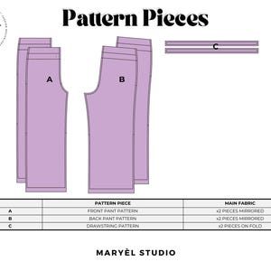 Puede incluir: Un patr&oacute;n de costura digital titulado Pattern Pieces con formas de color violeta claro A, B y C. La pieza A es el patr&oacute;n del frente del pantal&oacute;n, B es el patr&oacute;n de la parte trasera y C es el patr&oacute;n del cord&oacute;n. Una tabla detalla las piezas y telas.