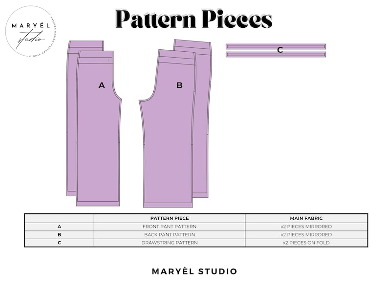 Puede incluir: Un patr&oacute;n de costura digital titulado Pattern Pieces con formas de color violeta claro A, B y C. La pieza A es el patr&oacute;n del frente del pantal&oacute;n, B es el patr&oacute;n de la parte trasera y C es el patr&oacute;n del cord&oacute;n. Una tabla detalla las piezas y telas.