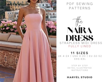 Molde para Vestido Midi Corset Sem Alças | Vestido de Festa, Vestido de Baile, Tamanhos EUA 0-20