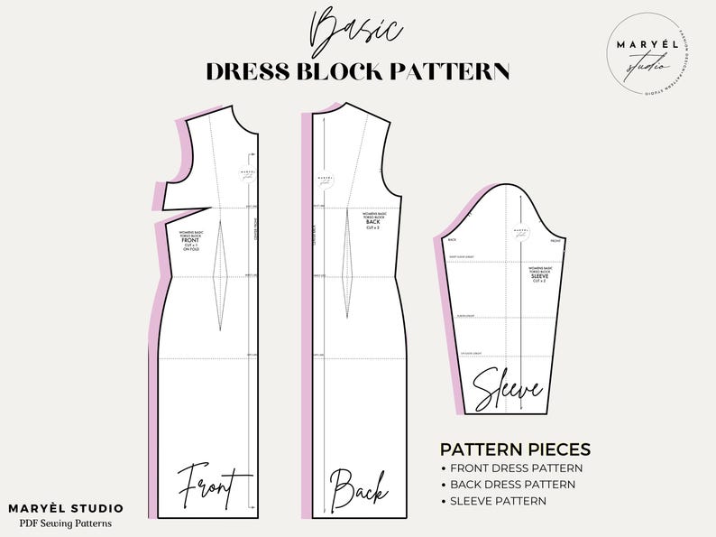 May include: A basic dress block pattern with instructions for sewing a dress. The pattern includes pieces for the front, back, and sleeve of the dress.