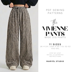 Cartamodello PDF per pantaloni a gamba larga, pantaloni palazzo estivi facili da realizzare, adatti anche ai principianti, taglie US 0-20