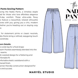 May include: A sewing pattern for Nadia Pants featuring a technical illustration of wide-leg trousers with a high-waisted elastic waistband, a drawstring, and in-seam pockets. The text reads Nadia Pants Sewing Pattern and Mary&egrave;l Studio.