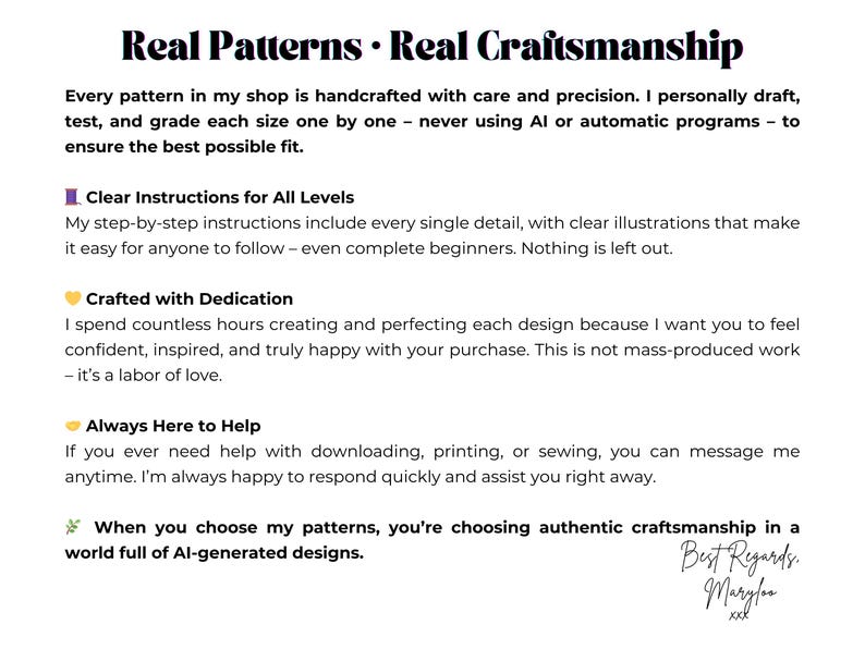 Puede incluir: Un gr&aacute;fico informativo blanco con texto en negro titulado Real Patterns Real Craftsmanship. Detalla un compromiso con dise&ntilde;os hechos a mano, instrucciones claras paso a paso, soporte dedicado y artesan&iacute;a aut&eacute;ntica, firmado por Maryloo.