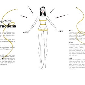 May include: A fashion illustration showing a woman with measuring tape around her bust, waist, and hips. Text provides instructions on how to measure for clothing, including bust, waist, and hip measurements. The text also includes sizing tips.