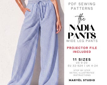 Calça Palazzo de Pernas Largas com Cintura Elástica e Bolsos - Molde em PDF para Costura, Fácil de Fazer para o Verão, Ideal para Iniciantes, Tamanhos EUA 0-20