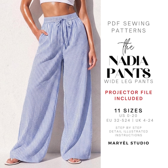 Wide Leg Palazzo Pants Pdf Sewing Pattern, Easy Summer Pants with Pockets , Elastic Waist, Beginner  Patterns, US 0-20