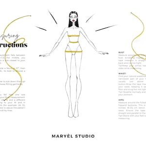 May include: Illustration of a woman with measuring tape around her waist, bust, and hips. Text provides instructions on how to measure for clothing sizes, including bust, waist, and hip measurements. The brand name "MARY&Egrave;L STUDIO" is at the bottom.