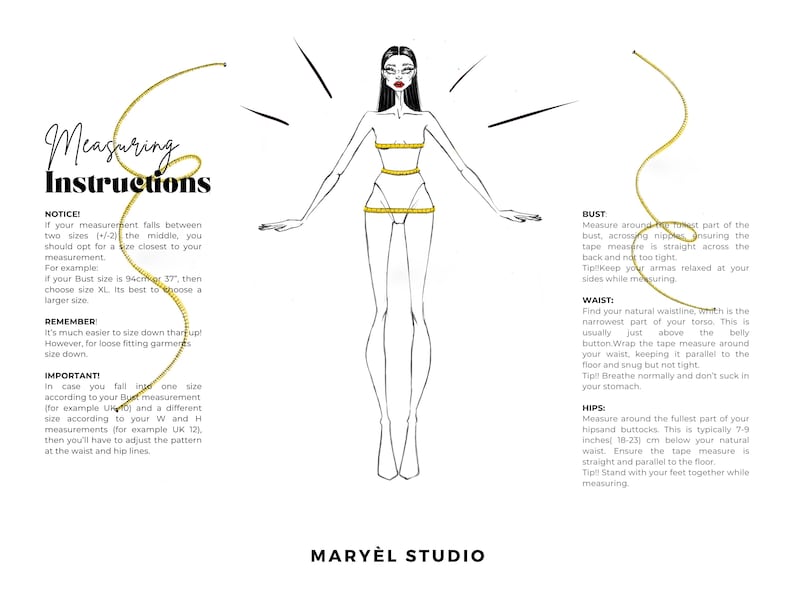 May include: Illustration of a woman with measuring tape around her waist, bust, and hips. Text provides instructions on how to measure for clothing sizes, including bust, waist, and hip measurements. The brand name "MARY&Egrave;L STUDIO" is at the bottom.