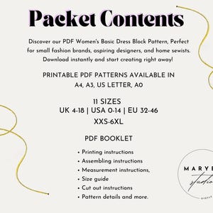 May include: A digital download for a women's basic dress block pattern in PDF format. The pattern is available in 11 sizes, from UK 4-18, USA 0-14, and EU 32-46. The pattern is printable in A4, A3, US Letter, and AO sizes. The PDF booklet includes printing, assembling, measurement, and cut-out instructions, as well as a size guide and pattern details.
