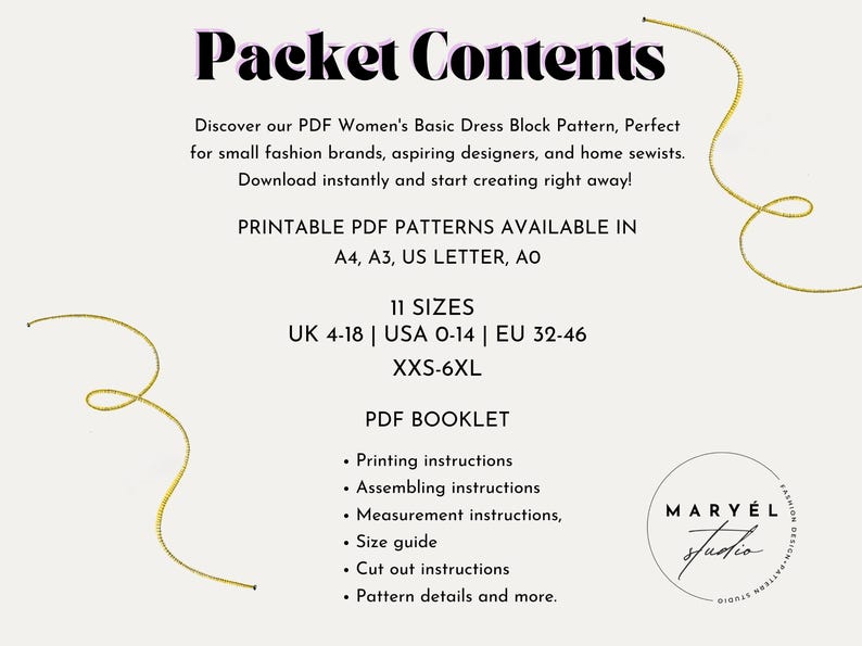 May include: A digital download for a women's basic dress block pattern in PDF format. The pattern is available in 11 sizes, from UK 4-18, USA 0-14, and EU 32-46. The pattern is printable in A4, A3, US Letter, and AO sizes. The PDF booklet includes printing, assembling, measurement, and cut-out instructions, as well as a size guide and pattern details.