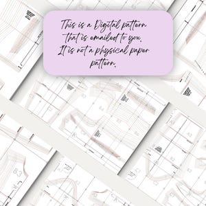 Peut inclure: Un patron de couture num&eacute;rique pour un v&ecirc;tement, imprim&eacute; sur plusieurs feuilles de papier blanc. Les pi&egrave;ces du patron sont &eacute;tiquet&eacute;es avec des lettres et des chiffres. Le texte "This is a Digital pattern that is emailed to you. It is not a physical paper pattern." est &eacute;crit sur un rectangle violet.