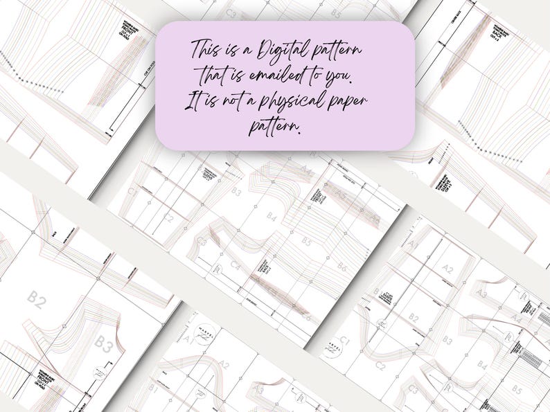 Peut inclure: Un patron de couture num&eacute;rique pour un v&ecirc;tement, imprim&eacute; sur plusieurs feuilles de papier blanc. Les pi&egrave;ces du patron sont &eacute;tiquet&eacute;es avec des lettres et des chiffres. Le texte "This is a Digital pattern that is emailed to you. It is not a physical paper pattern." est &eacute;crit sur un rectangle violet.