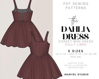 Molde de costura para minivestido com espartilho | Molde de vestido de baile Hoco, cintura baixa, costas com amarração | Molde digital em PDF | EUA 0-20 | UE 32-52