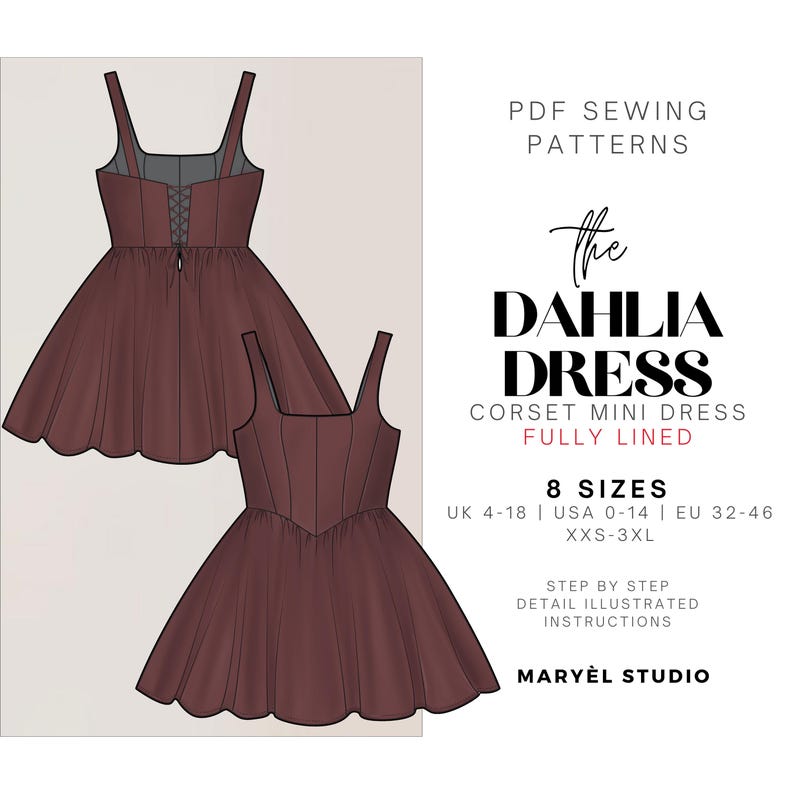 Corset Mini Dress Sewing Pattern| Hoco Evening Prom Dress Pattern, Drop Waist Dress, Lace-Up Back | PDF Digital Pattern| USA 0-20 | Eu 32-52 image 1