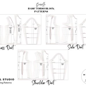 Peut inclure: Un ensemble de trois patrons de base de bloc de torse pour cr&eacute;er diff&eacute;rents styles de v&ecirc;tements. Les patrons sont &eacute;tiquet&eacute;s "Princess Dart", "Side Dart" et "Shoulder Dart".