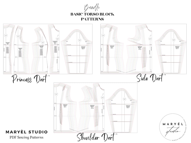 Peut inclure: Un ensemble de trois patrons de base de bloc de torse pour cr&eacute;er diff&eacute;rents styles de v&ecirc;tements. Les patrons sont &eacute;tiquet&eacute;s "Princess Dart", "Side Dart" et "Shoulder Dart".