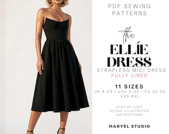 Schnittmuster für ein trägerloses Midikleid | Einfaches Abendkleid | Kleid für Hochzeitsgäste | Schnittmuster für ein Korsett-Abendkleid | Sofortiger PDF-Download | US 0-20