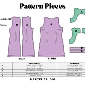 May include: A sewing pattern layout titled Pattern Pieces by Mary&egrave;l Studio. It displays lavender main dress pieces labeled A and B, and green facing pieces labeled C and D, with purple straps labeled E. A table lists pieces A through E with instructions.