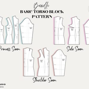 Peut inclure: Un ensemble de patrons de couture imprimables pour un bloc de torse basique. Les patrons sont divis&eacute;s en trois sections&nbsp;: couture princesse, couture lat&eacute;rale et couture d'&eacute;paule. Les patrons sont imprim&eacute;s sur du papier blanc avec des lignes noires.