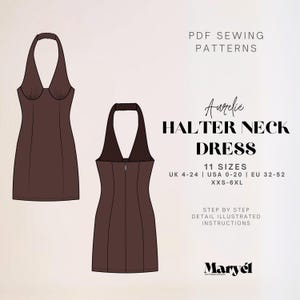 Neckholder Minikleid Schnittmuster | Mini Kleid Schnittmuster| Rückenfreies Kleid Muster | Frau Kleid Muster | Neckholder Kleid | US 0-20