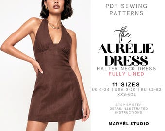 Molde para Vestido Mini com Decote Halter | Vestido de Linho Fácil para o Verão | Download Digital Instantâneo em PDF | Tamanhos EUA 0-20