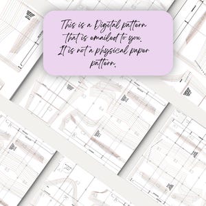 Puede incluir: Un patr&oacute;n de costura digital para una prenda, impreso en papel blanco. Las piezas del patr&oacute;n est&aacute;n etiquetadas con n&uacute;meros y letras. El texto "This is a Digital pattern that is emailed to you. It is not a physical paper pattern." est&aacute; impreso en un rect&aacute;ngulo morado.