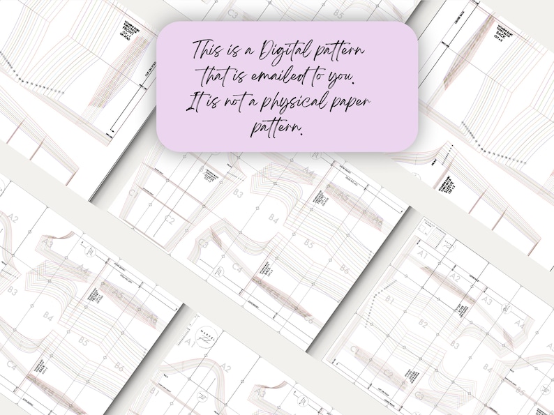 Puede incluir: Un patr&oacute;n de costura digital para una prenda, impreso en papel blanco. Las piezas del patr&oacute;n est&aacute;n etiquetadas con n&uacute;meros y letras. El texto "This is a Digital pattern that is emailed to you. It is not a physical paper pattern." est&aacute; impreso en un rect&aacute;ngulo morado.