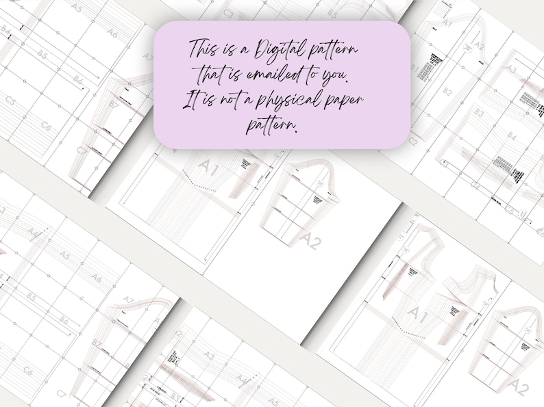 May include: A digital sewing pattern for a garment, printed on multiple sheets of paper. The pattern includes instructions and diagrams for sewing the garment. The text on the paper reads "This is a Digital pattern That is emailed to you. It is not a physical paper pattern."