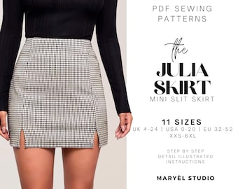Mini High Waist Skirt Sewing Pattern with Two Slits| Double Slit| PDF Digital Instant Download| US 0-20