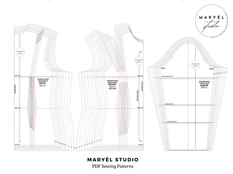 Puede incluir: Un patr&oacute;n de costura para una blusa b&aacute;sica de mujer con un canes&uacute;. El patr&oacute;n incluye instrucciones para la parte delantera, la trasera y la manga. El patr&oacute;n est&aacute; impreso en papel blanco con l&iacute;neas negras.