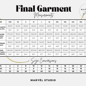 May include: A size chart with garment measurements in centimeters and inches, including chest width, shoulder plus sleeve, and waistband length. Size conversions for UK, USA, and EU sizes are also listed. The chart is labeled "Final Garment Measurements."
