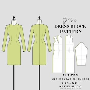袖付きベーシックドレスブロックソーイングパターン｜ショルダーダーツドレスパターン｜US0-20｜PDFデジタルインスタントダウンロード