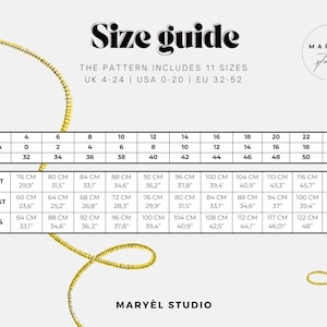 May include: A size guide chart for clothing patterns by Maryel Studio, featuring a table with UK 4-24, USA 0-20, and EU 32-52 sizes. It lists bust, waist, and hip measurements in both centimeters and inches, accompanied by a yellow measuring tape.