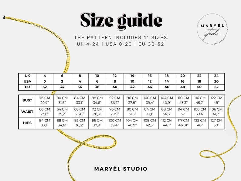May include: A size guide chart for clothing patterns by Maryel Studio, featuring a table with UK 4-24, USA 0-20, and EU 32-52 sizes. It lists bust, waist, and hip measurements in both centimeters and inches, accompanied by a yellow measuring tape.