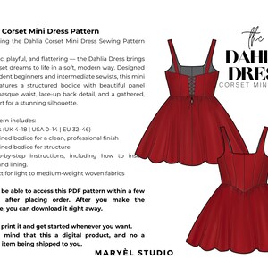 May include: Illustration of a red Dahlia corset mini dress pattern. The design features a structured bodice, lace-up back, and a gathered skirt. The text reads "Dahlia Corset Mini Dress Pattern" and "The Dahlia Dress Corset Mini Dress".