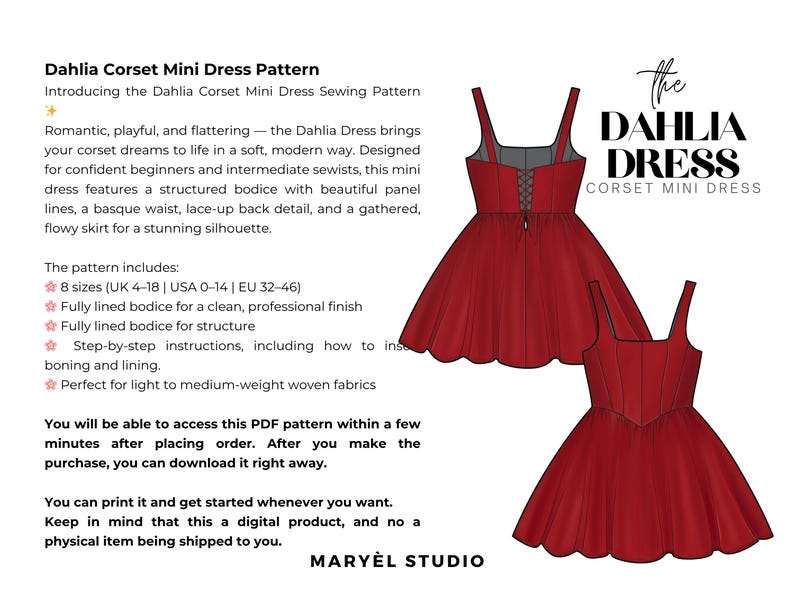 May include: Illustration of a red Dahlia corset mini dress pattern. The design features a structured bodice, lace-up back, and a gathered skirt. The text reads "Dahlia Corset Mini Dress Pattern" and "The Dahlia Dress Corset Mini Dress".