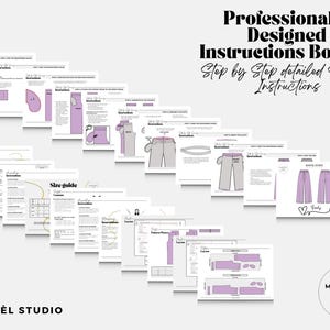 May include: A collection of white pages forming a sewing instructions booklet with black text and purple illustrations. The pages feature step-by-step diagrams, a size guide, and pattern layouts. The text includes Professionally Designed Instructions Booklet, Step by Step detailed Sewing Instructions, and Maryel Studio.