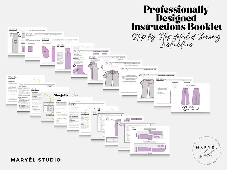 May include: A collection of white pages forming a sewing instructions booklet with black text and purple illustrations. The pages feature step-by-step diagrams, a size guide, and pattern layouts. The text includes Professionally Designed Instructions Booklet, Step by Step detailed Sewing Instructions, and Maryel Studio.